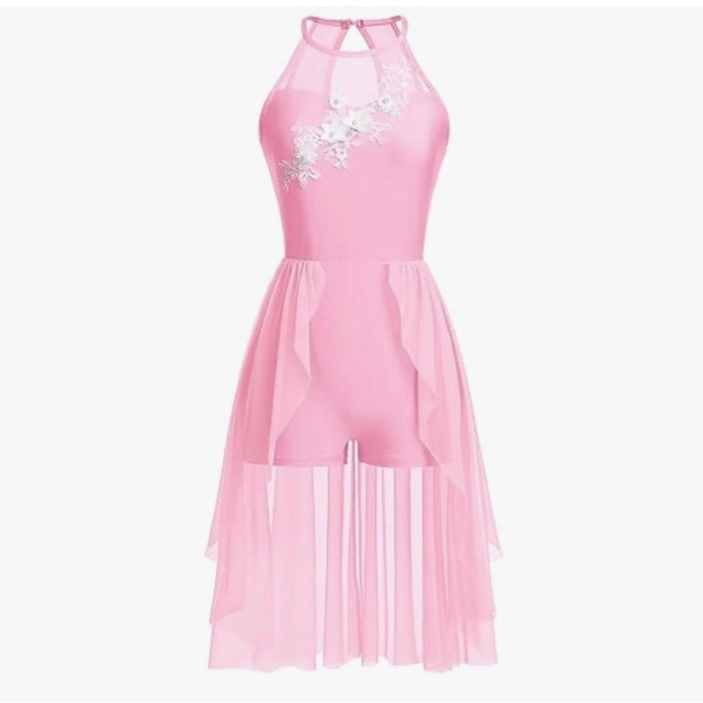 AFAVOM Pink Lyrical Dance Costume Dress Lace Chiffon Contemporary Adult M